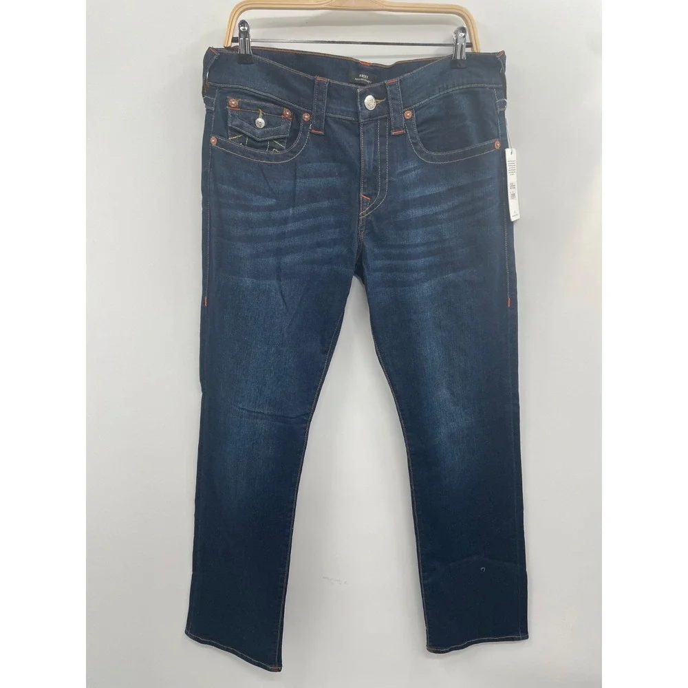 NWT True Religion Ricky‎ Flap Jeans Men 32 Dark Washed Blue 5-Pocket Relaxed Fit